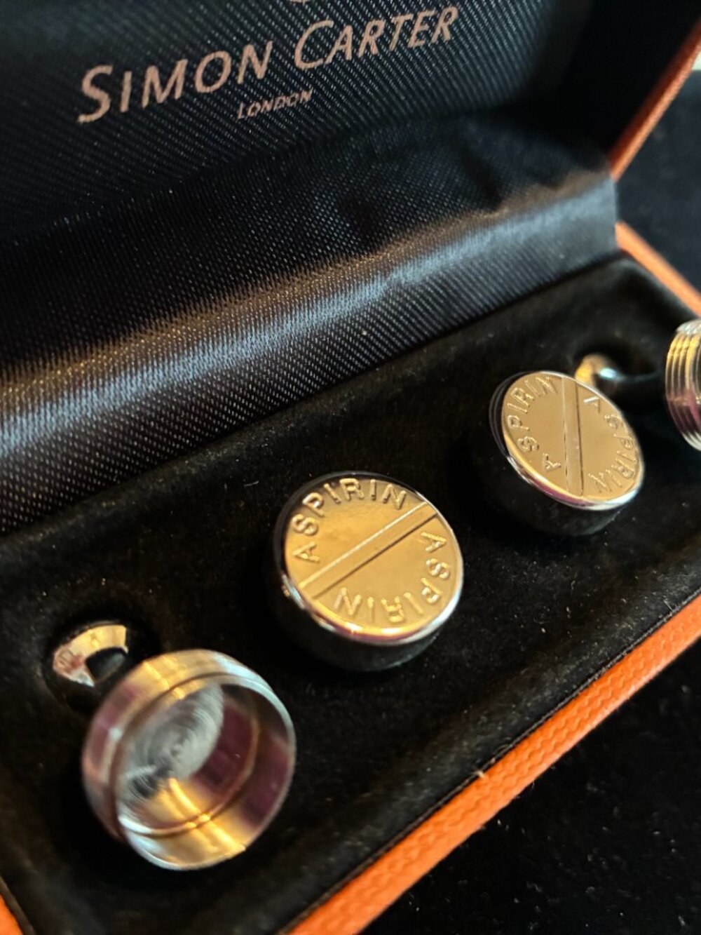 NEW. Cuff Links. SIMON CARTER. aspirin motif Silver tone.